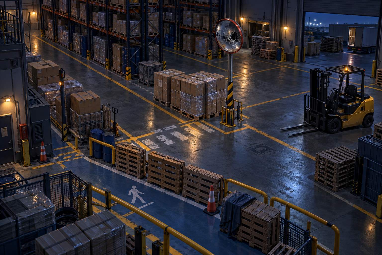 Depoda raflar, görüşü kısıtlayan paletler, forklift ve yaya yolu bulunan temsili olay yeri.